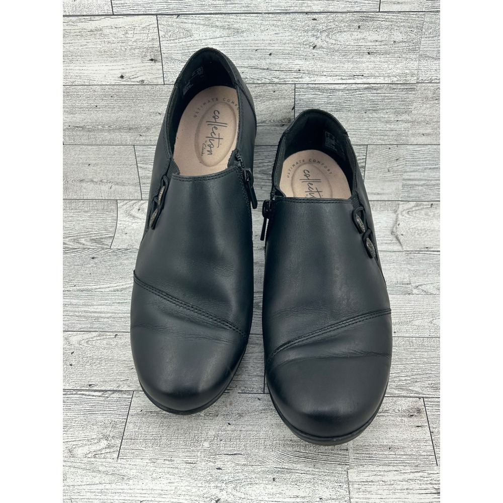 Clarks Collection Black Leather Ankle Booties Side Zip Block Heel Women Sz 8.5W‎